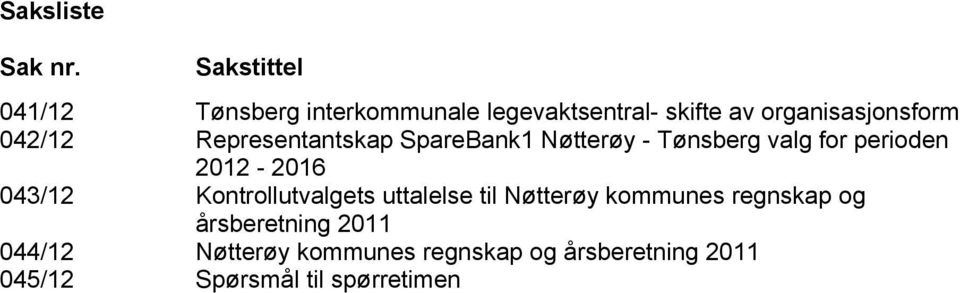 042/12 Representantskap SpareBank1 Nøtterøy - Tønsberg valg for perioden 2012-2016 043/12