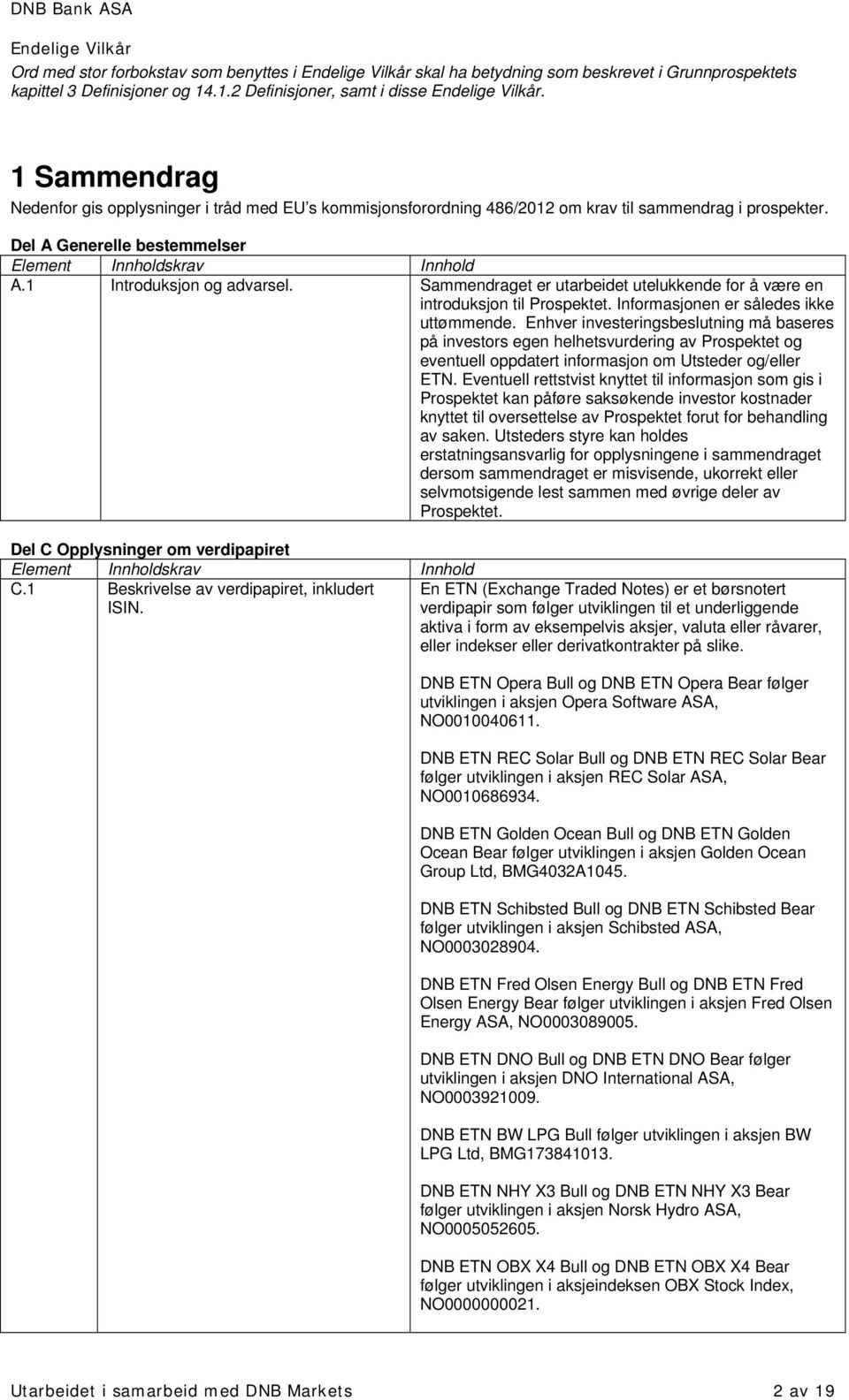 1 Introduksjon og advarsel. Sammendraget er utarbeidet utelukkende for å være en introduksjon til Prospektet. Informasjonen er således ikke uttømmende.
