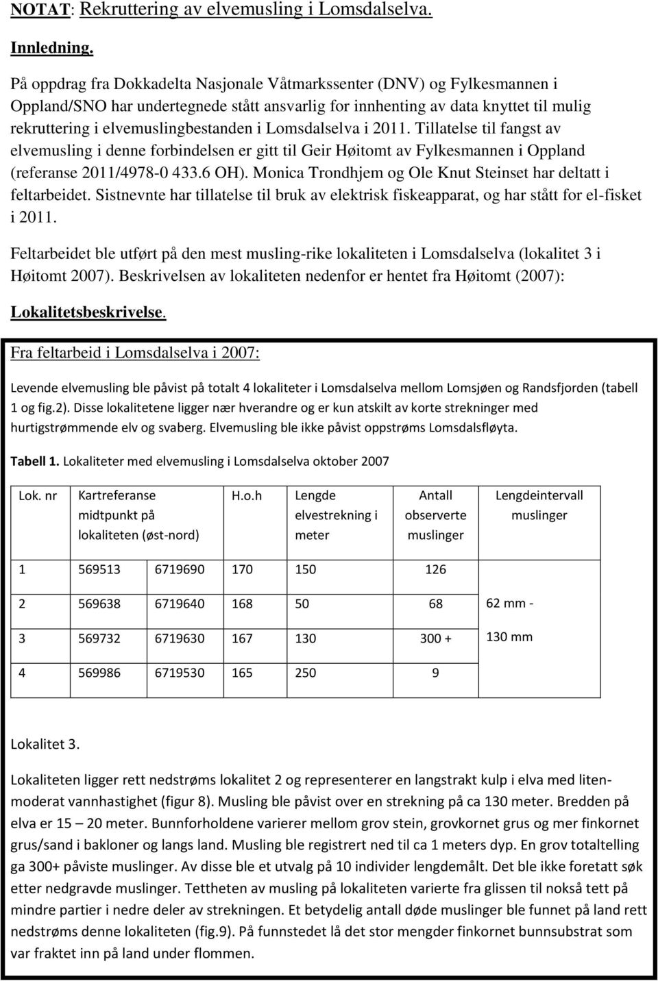 Lomsdalselva i 2011. Tillatelse til fangst av elvemusling i denne forbindelsen er gitt til Geir Høitomt av Fylkesmannen i Oppland (referanse 2011/4978-0 433.6 OH).