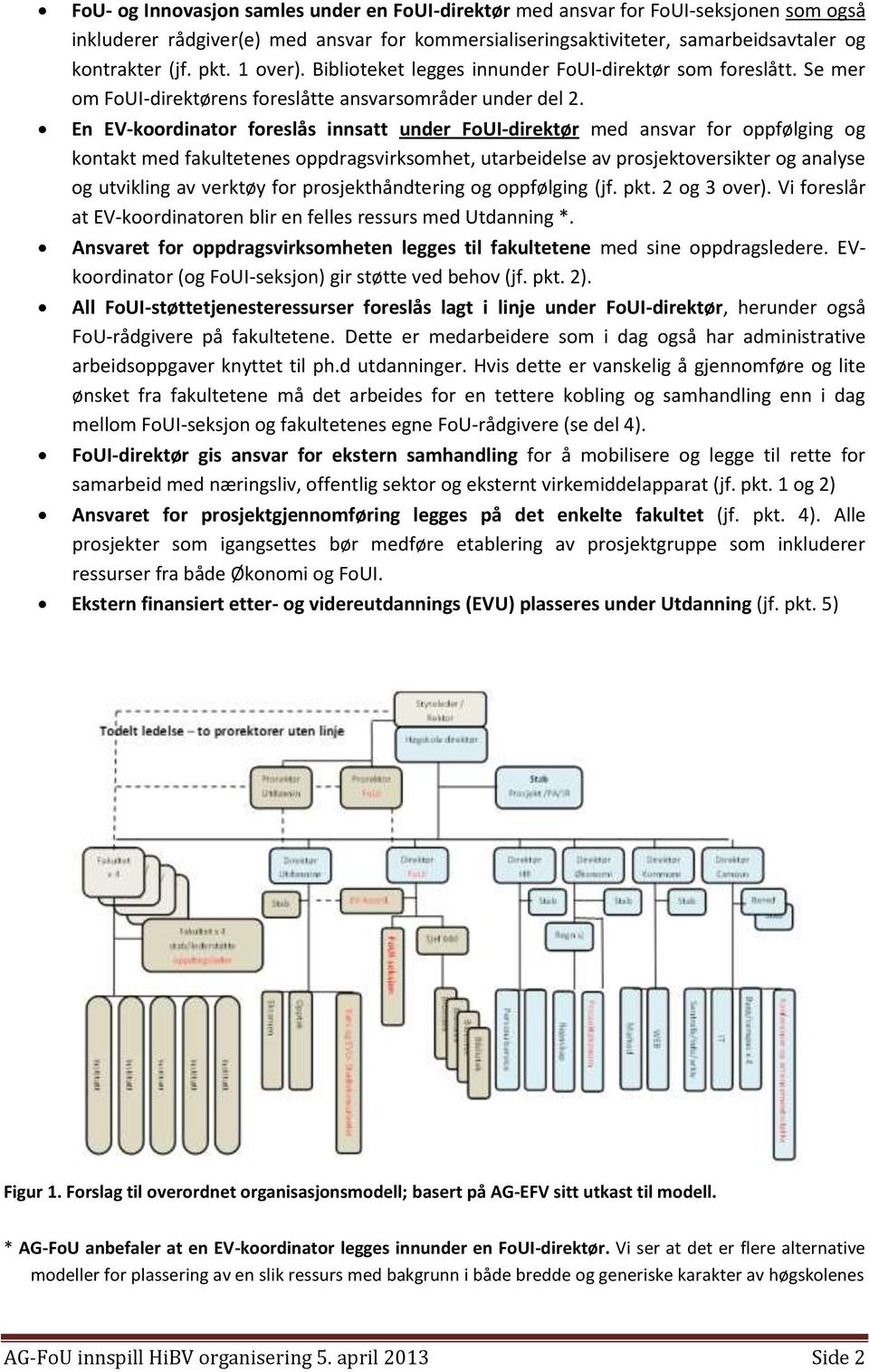 En EV-koordinator foreslås innsatt under FoUI-direktør med ansvar for oppfølging og kontakt med fakultetenes oppdragsvirksomhet, utarbeidelse av prosjektoversikter og analyse og utvikling av verktøy