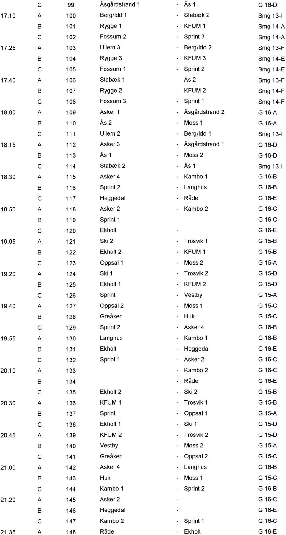 40 A 106 Stabæk 1 - Ås 2 Smg 13-F B 107 Rygge 2 - KFUM 2 Smg 14-F C 108 Fossum 3 - Sprint 1 Smg 14-F 18.