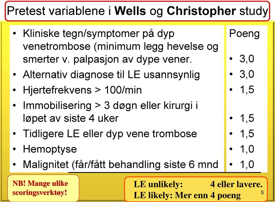 Alternativ diagnose til LE usannsynlig Hjertefrekvens > 100/min Immobilisering > 3 døgn eller kirurgi i løpet av siste 4