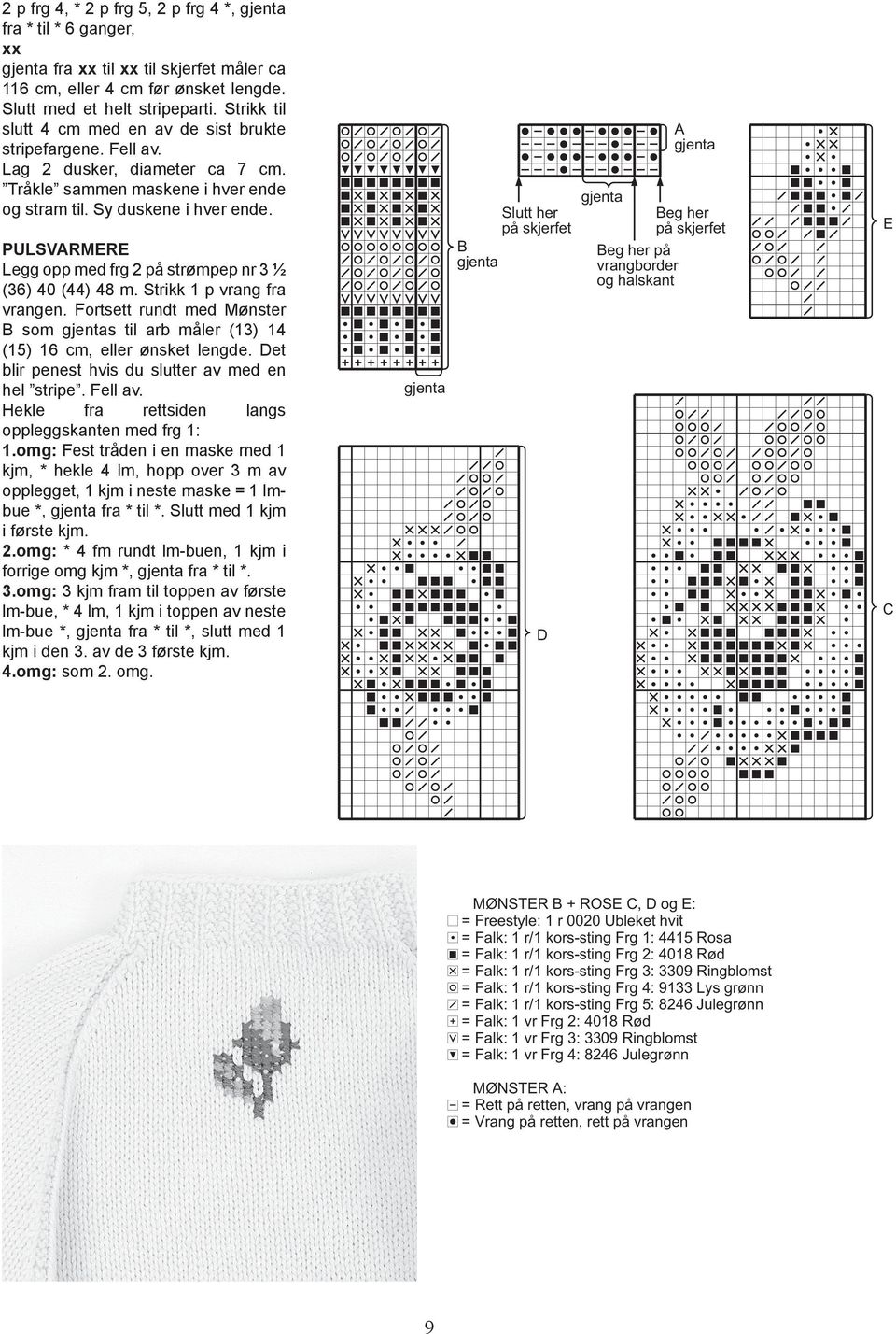 PULSVARMERE Legg opp med frg 2 på strømpep nr 3 ½ (36) 40 (44) 48 m. Strikk 1 p vrang fra vrangen. Fortsett rundt med Mønster B som s til arb måler (13) 14 (15) 16 cm, eller ønsket lengde.