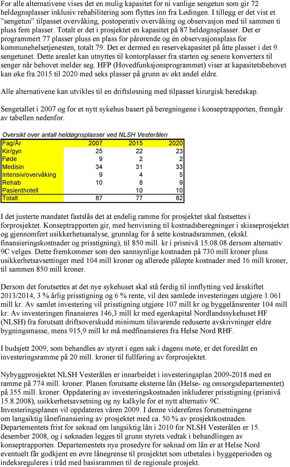 Det er programmert 77 plasser pluss en plass for pårørende og én observasjonsplass for kommunehelsetjenesten, totalt 79. Det er dermed en reservekapasitet på åtte plasser i det 9. sengetunet.