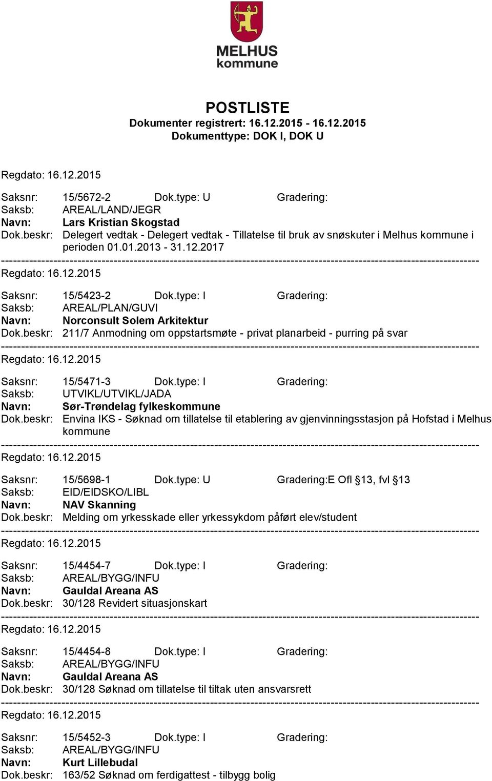 beskr: 211/7 Anmodning om oppstartsmøte - privat planarbeid - purring på svar Saksnr: 15/5471-3 Dok.type: I Gradering: Saksb: UTVIKL/UTVIKL/JADA Sør-Trøndelag fylkeskommune Dok.