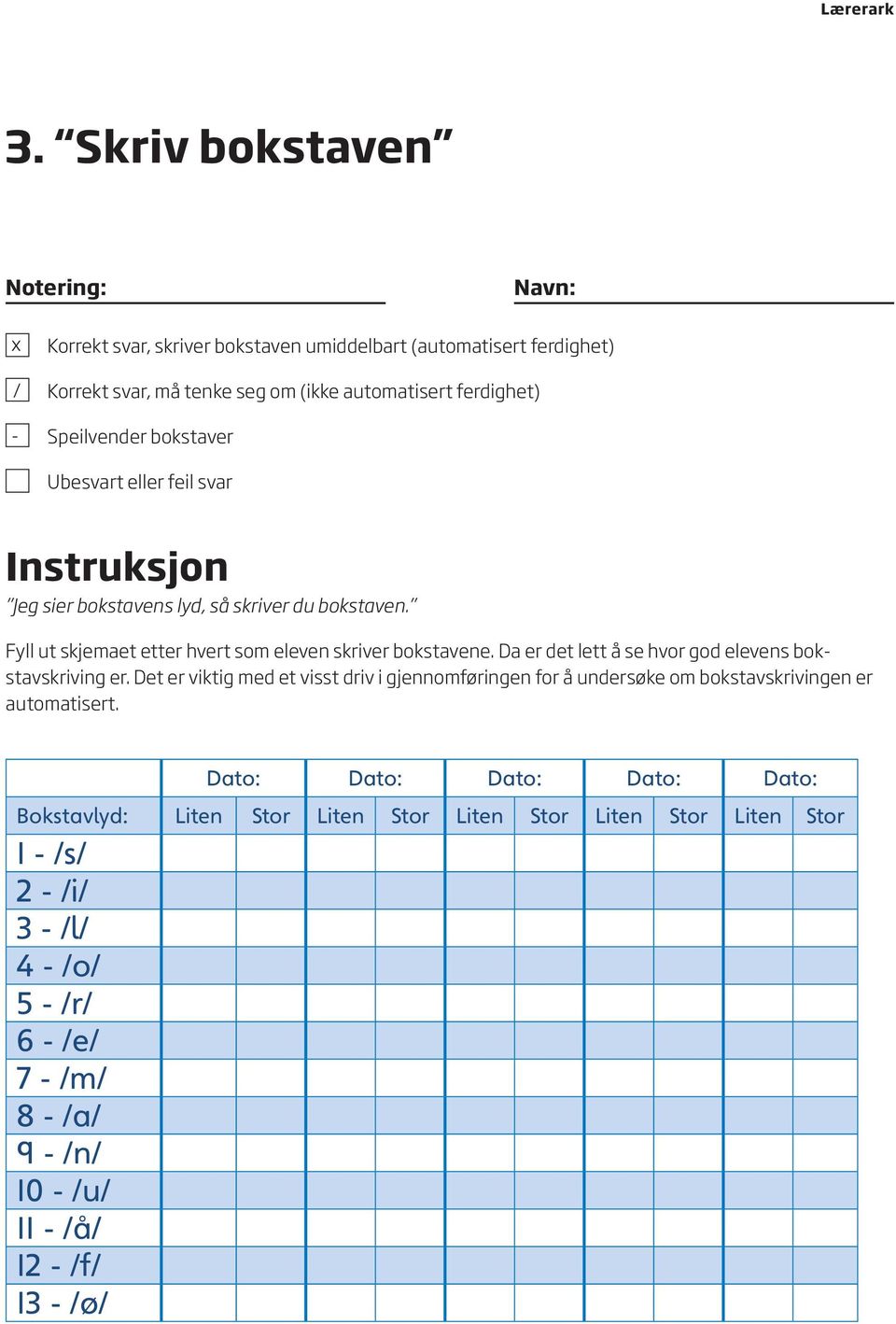 bokstaver Ubesvart eller feil svar Instruksjon Jeg sier bokstavens lyd, så skriver du bokstaven. Fyll ut skjemaet etter hvert som eleven skriver bokstavene.