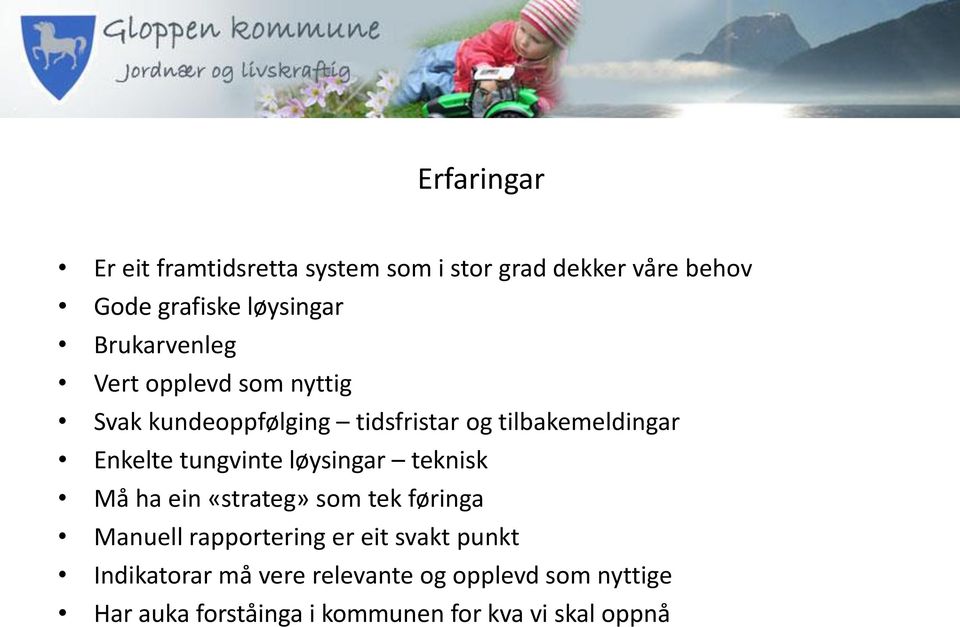 tungvinte løysingar teknisk Må ha ein «strateg» som tek føringa Manuell rapportering er eit svakt