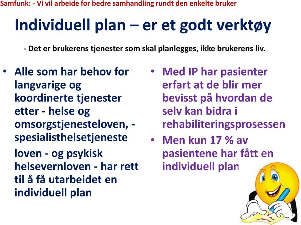 Alle som har behov for langvarige og koordinerte tjenester etter - helse og omsorgstjenesteloven, - spesialisthelsetjeneste loven - og