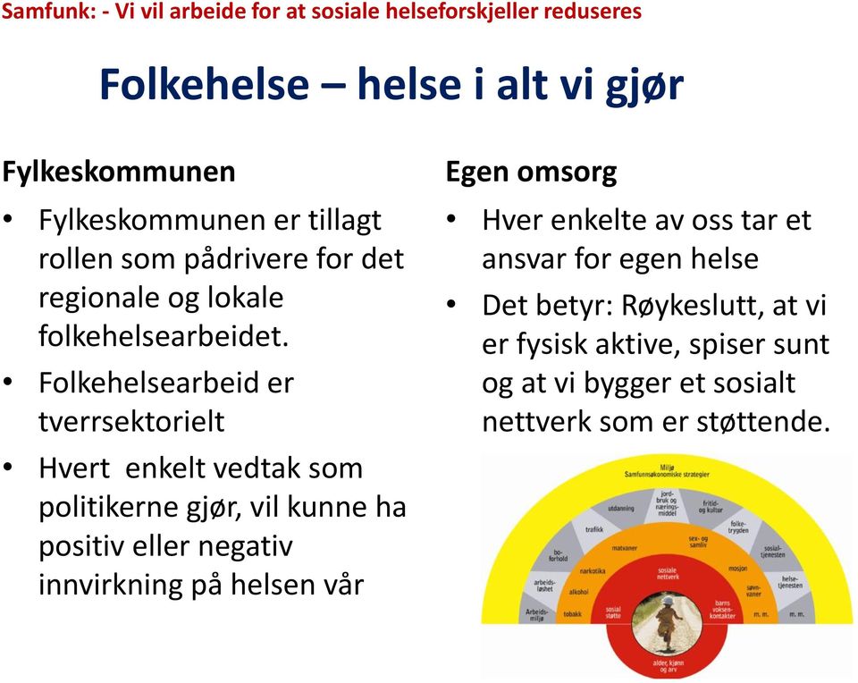 Folkehelsearbeid er tverrsektorielt Hvert enkelt vedtak som politikerne gjør, vil kunne ha positiv eller negativ innvirkning på