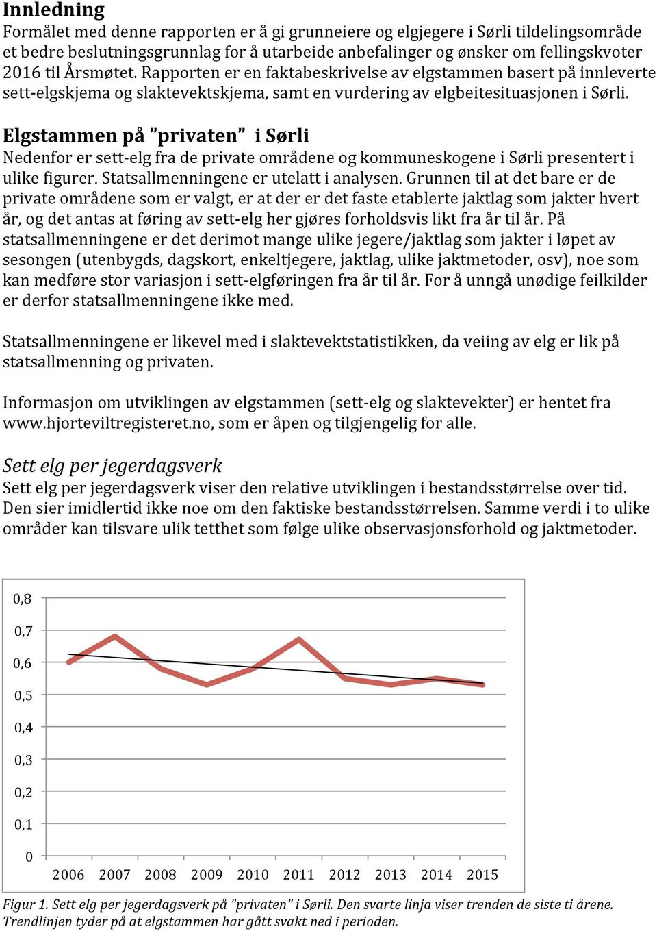 Elgstammen på privaten i Sørli Nedenfor er sett-elg fra de private områdene og kommuneskogene i Sørli presentert i ulike figurer. Statsallmenningene er utelatt i analysen.