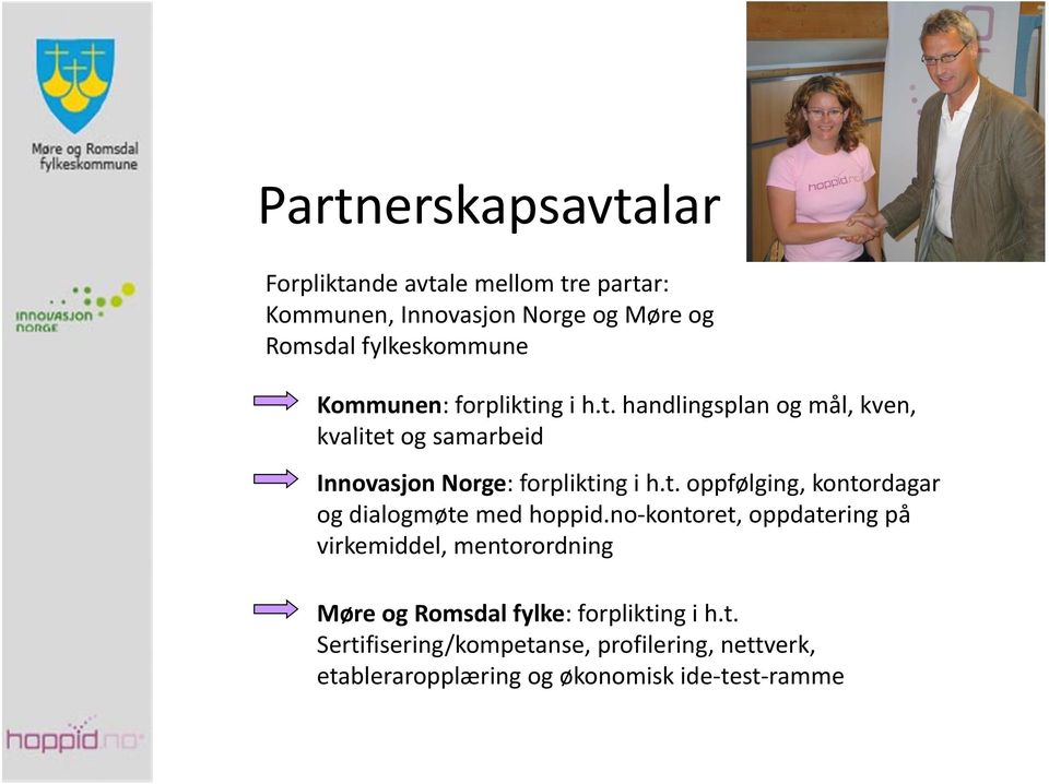 no kontoret, oppdatering på virkemiddel, mentorordning Møre og Romsdal fylke: forplikting i h.t. Sertifisering/kompetanse, profilering, nettverk, etableraropplæring og økonomisk ide test ramme