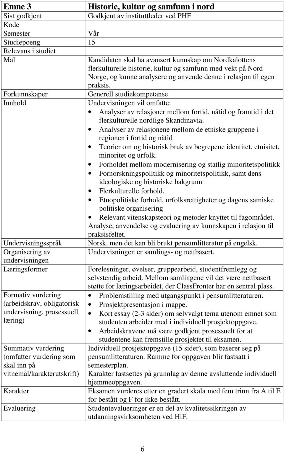 Forkunnskaper Innhold Undervisningsspråk Organisering av undervisningen Læringsformer Formativ vurdering (arbeidskrav, obligatorisk undervisning, prosessuell læring) Summativ vurdering (omfatter