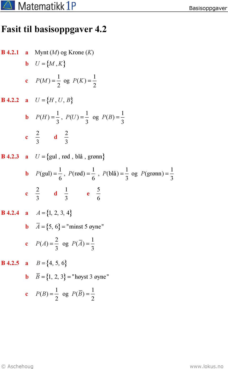 2.5 a B = { 4, 5, 6} b B = {, 2, 3 } = "høyst 3 øyne" PB ( ) = og PB ( ) = 2 2 Ashehoug www.lokus.no