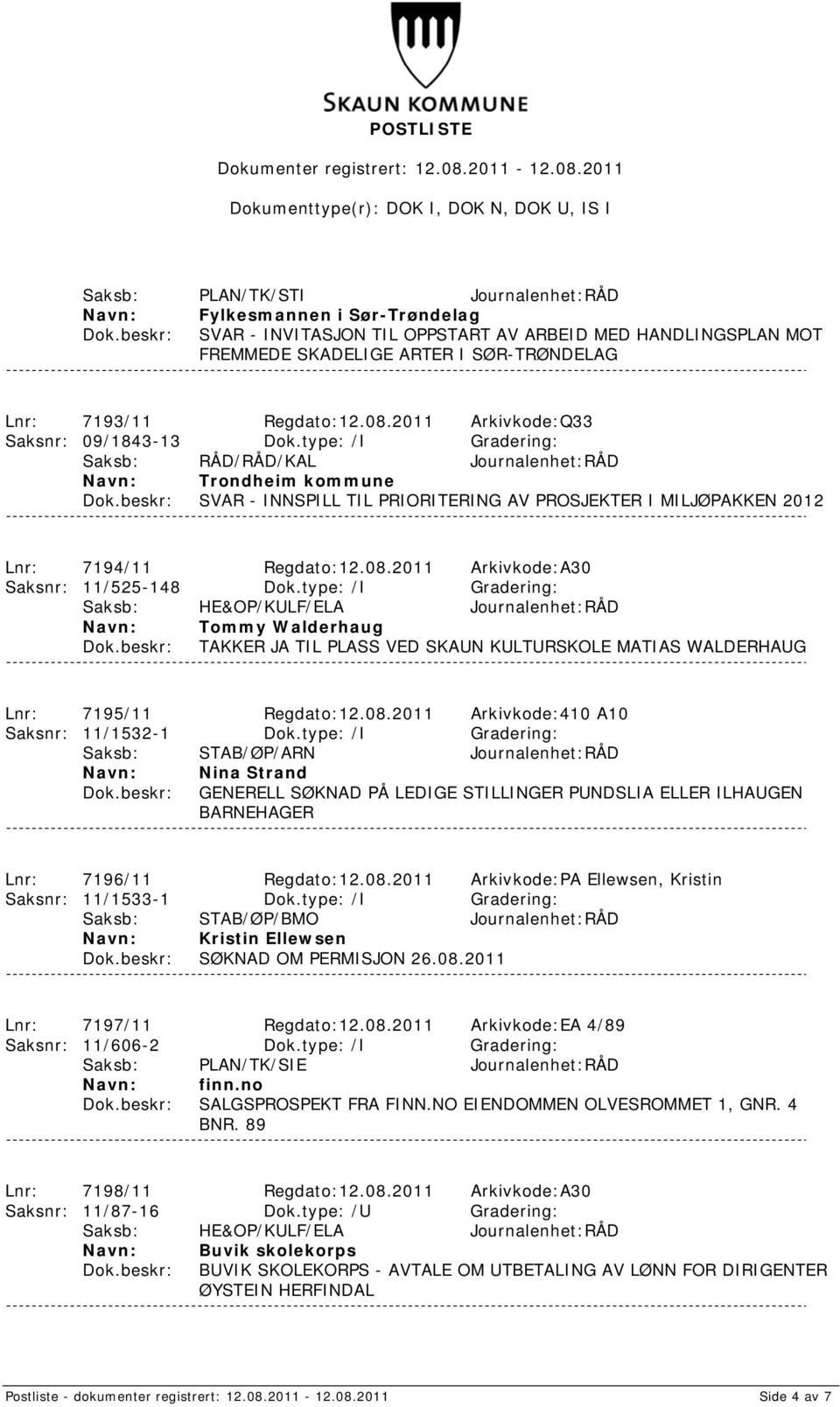 type: /I Gradering: Saksb: RÅD/RÅD/KAL Journalenhet:RÅD Trondheim kommune SVAR - INNSPILL TIL PRIORITERING AV PROSJEKTER I MILJØPAKKEN 2012 Lnr: 7194/11 Regdato:12.08.