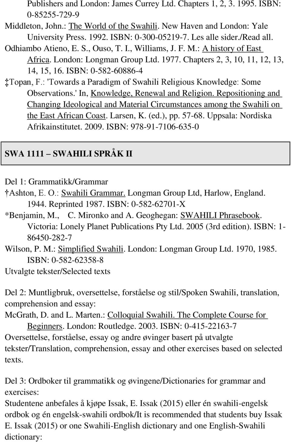 ISBN: 0-582-60886-4 Topan, F.: 'Towards a Paradigm of Swahili Religious Knowledge: Some Observations.' In, Knowledge, Renewal and Religion.