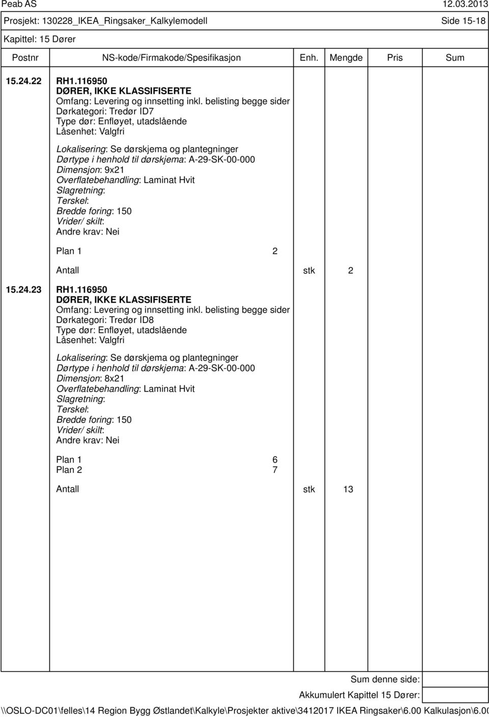 Overflatebehandling: Laminat Hvit Terskel: Plan 1 2 Antall stk 2 15.24.23 RH1.