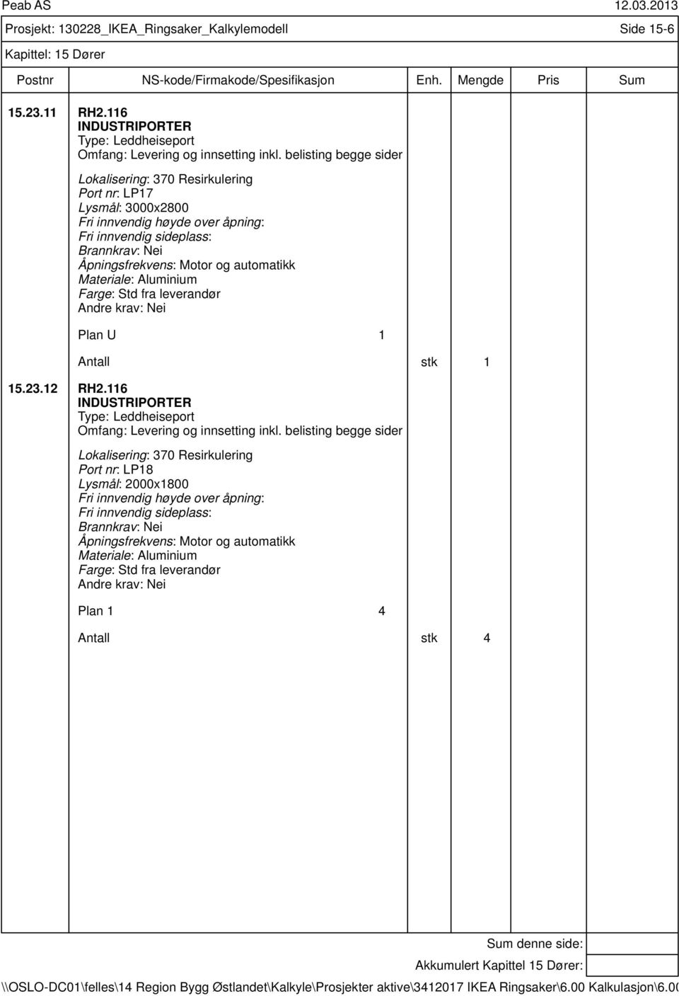 Motor og automatikk Materiale: Aluminium Farge: Std fra leverandør Plan U 1 15.23.12 RH2.