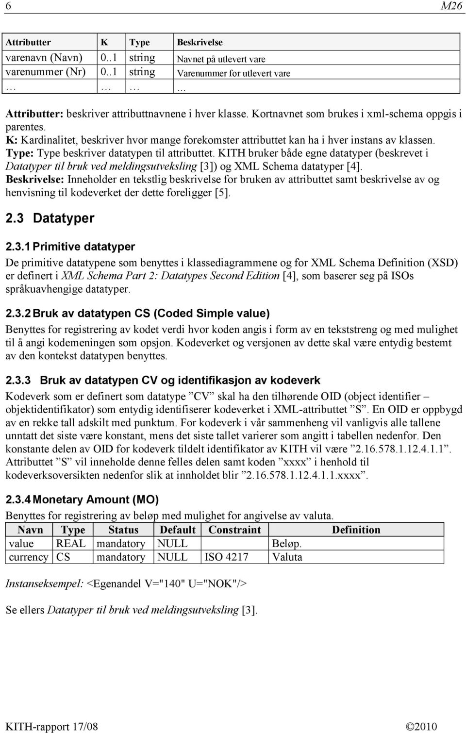 KITH bruker både egne datatyper (beskrevet i Datatyper til bruk ved meldingsutveksling [3]) og XML Schema datatyper [4].