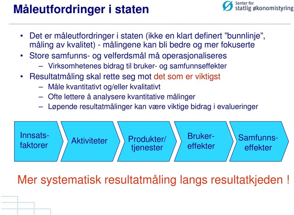 det som er viktigst Måle kvantitativt og/eller kvalitativt Ofte lettere å analysere kvantitative målinger Løpende resultatmålinger kan være viktige