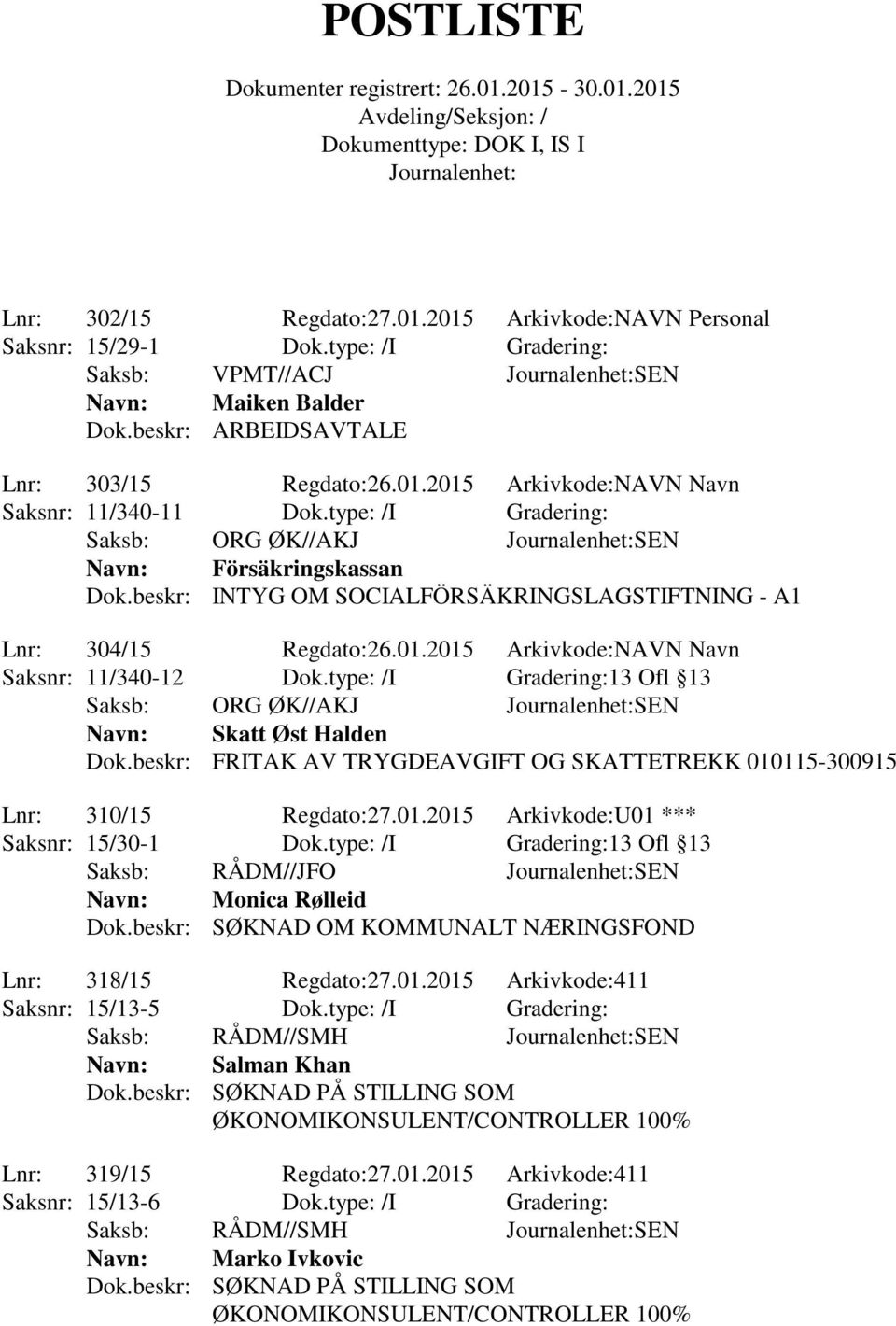 type: /I Gradering:13 Ofl 13 Saksb: ORG ØK//AKJ SEN Skatt Øst Halden Dok.beskr: FRITAK AV TRYGDEAVGIFT OG SKATTETREKK 010115-300915 Lnr: 310/15 Regdato:27.01.2015 Arkivkode:U01 *** Saksnr: 15/30-1 Dok.