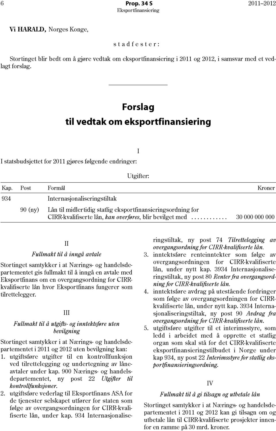 Post Formål Kroner 934 Internasjonaliseringstiltak 90 (ny) Lån til midlertidig statlig eksportfinansieringsordning for CIRR-kvalifiserte lån, kan overføres, blir bevilget med.