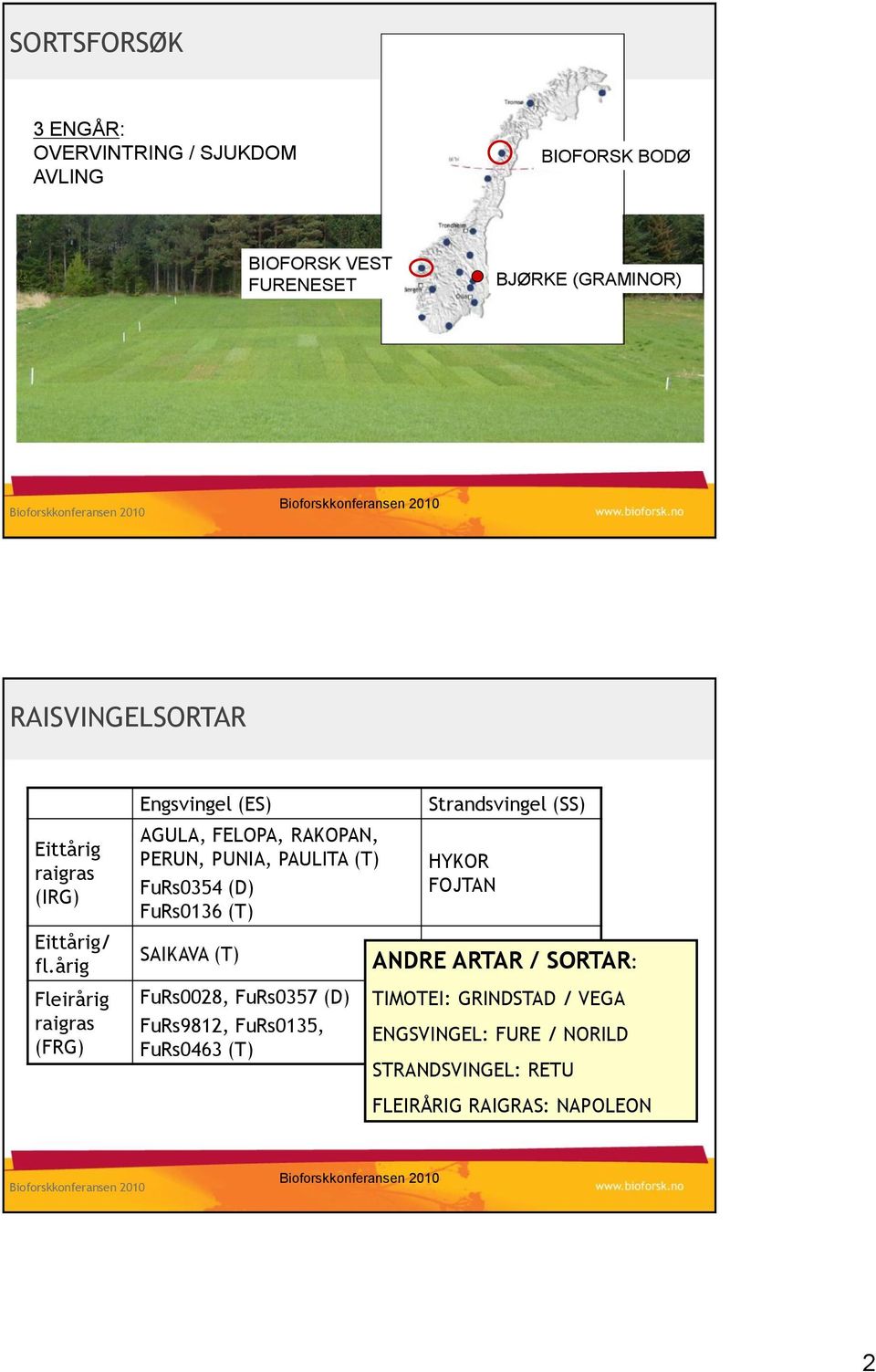 årig Fleirårig raigras (FRG) Engsvingel (ES) AGULA, FELOPA, RAKOPAN, PERUN, PUNIA, PAULITA (T) FuRs0354 (D) FuRs0136 (T)