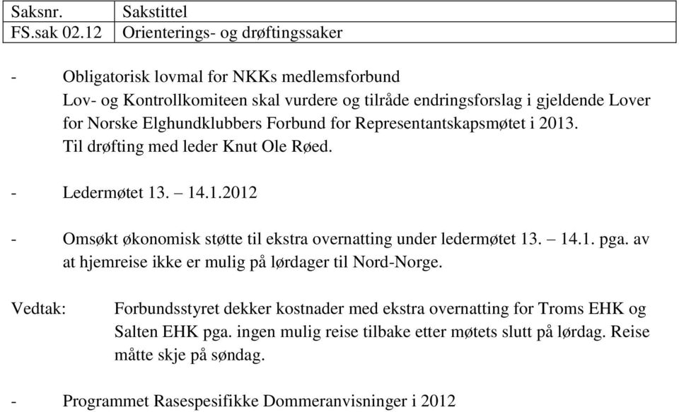 Lover for Norske Elghundklubbers Forbund for Representantskapsmøtet i 2013. Til drøfting med leder Knut Ole Røed. - Ledermøtet 13. 14.1.2012 - Omsøkt økonomisk støtte til ekstra overnatting under ledermøtet 13.