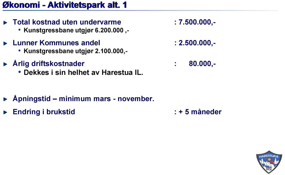 000,- Kunstgressbane utgjør 2.100.000,- Årlig driftskostnader : 80.