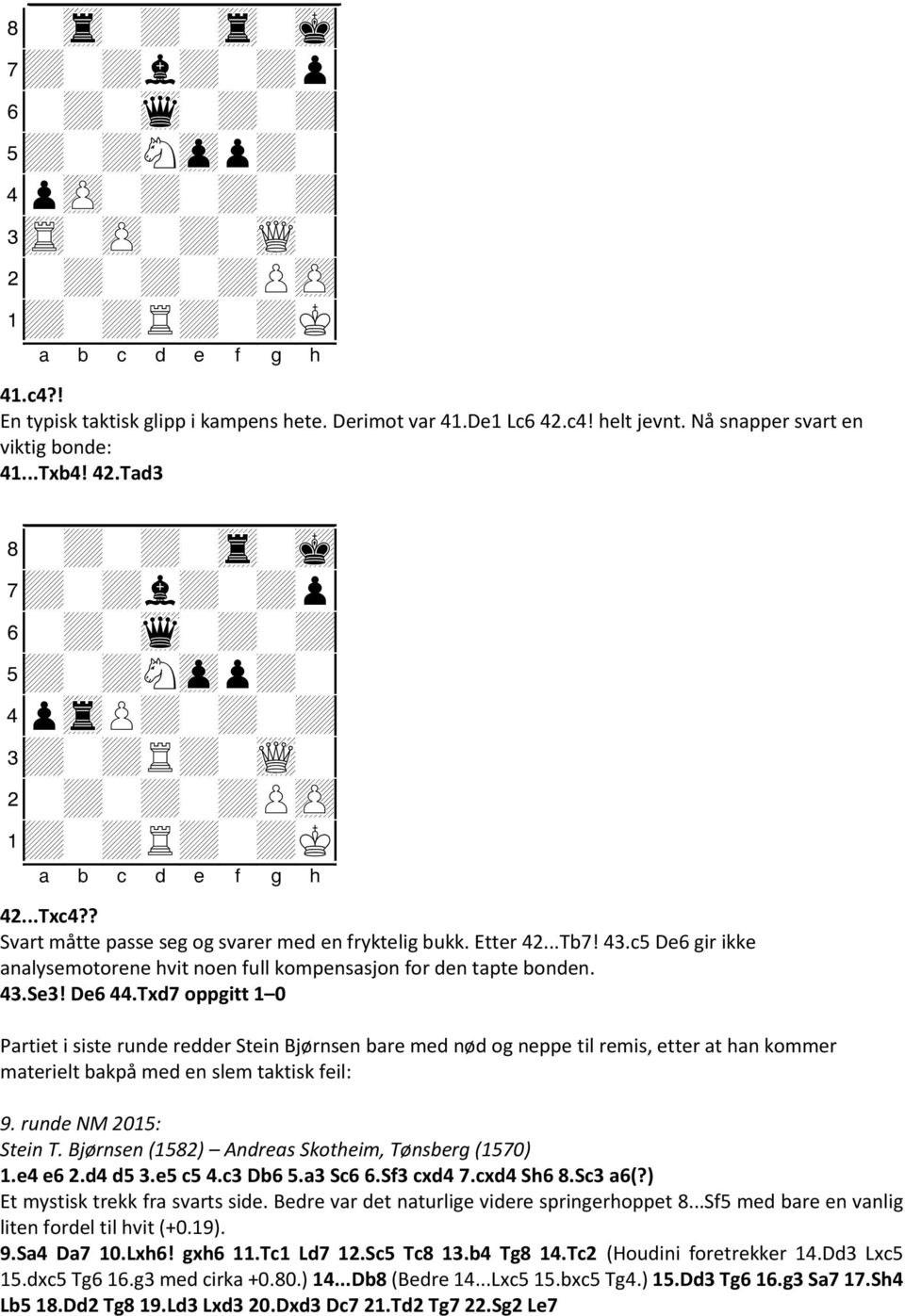 ? Svart måtte passe seg og svarer med en fryktelig bukk. Etter 42...Tb7! 43.c5 De6 gir ikke analysemotorene hvit noen full kompensasjon for den tapte bonden. 43.Se3! De6 44.