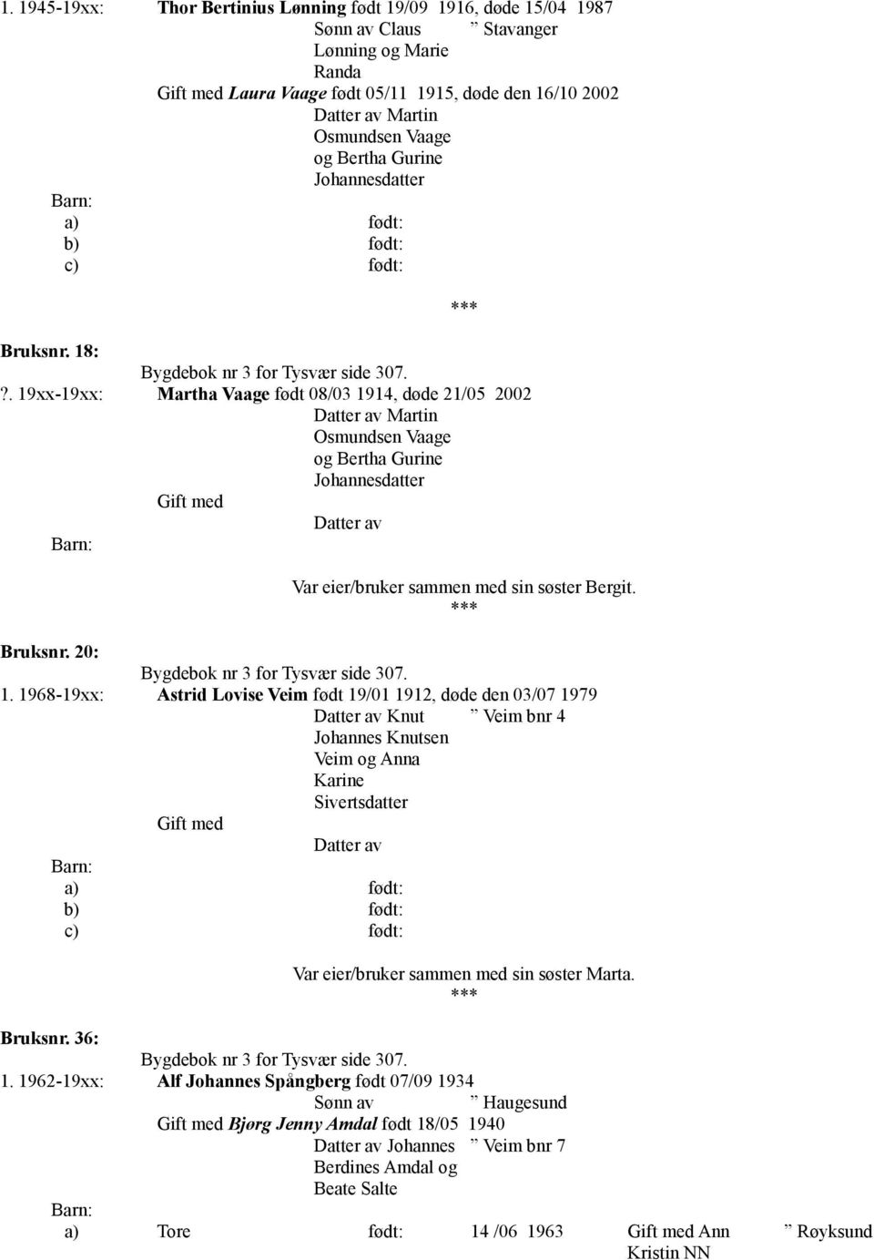 ?. 19xx-19xx: Martha Vaage født 08/03 1914, døde 21/05 2002 Datter av Martin Osmundsen Vaage og Bertha Gurine Gift med Datter av Var eier/bruker sammen med sin søster Bergit. Bruksnr.