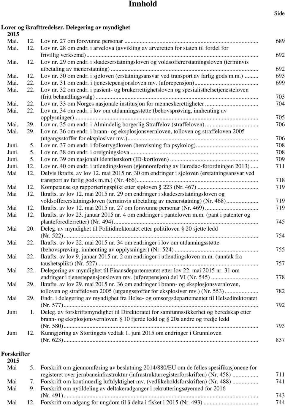 i skadeserstatningsloven og voldsoffererstatningsloven (terminvis utbetaling av menerstatning)... 692 Mai. 12. Lov nr. 30 om endr. i sjøloven (erstatningsansvar ved transport av farlig gods m.m.)... 693 Mai.