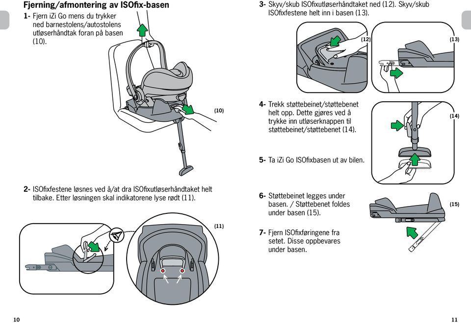 Dette gjøres ved å trykke inn utløserknappen til støttebeinet/støttebenet (14). (14) 5- Ta izi Go ISOfixbasen ut av bilen.