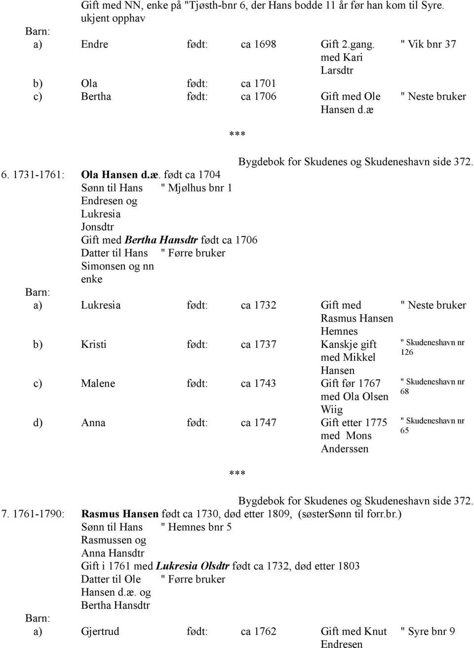 " Neste bruker Bygdebok for Skudenes og Skudeneshavn side 372. 6. 1731-1761: Ola Hansen d.æ.