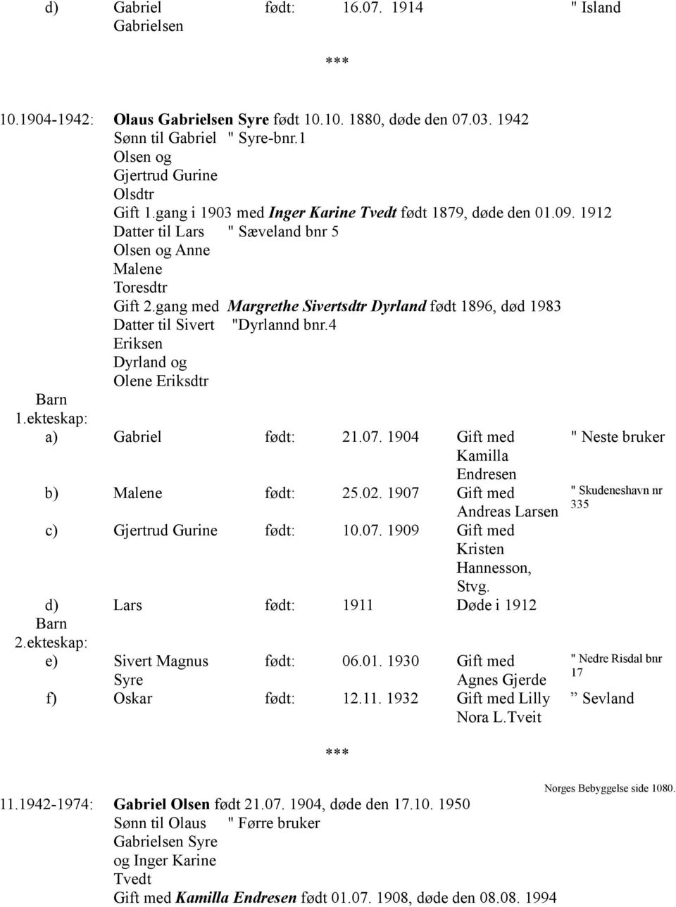 gang med Margrethe Sivertsdtr Dyrland født 1896, død 1983 Datter til Sivert "Dyrlannd bnr.4 Eriksen Dyrland og Olene Eriksdtr Barn 1.ekteskap: a) Gabriel født: 21.07.