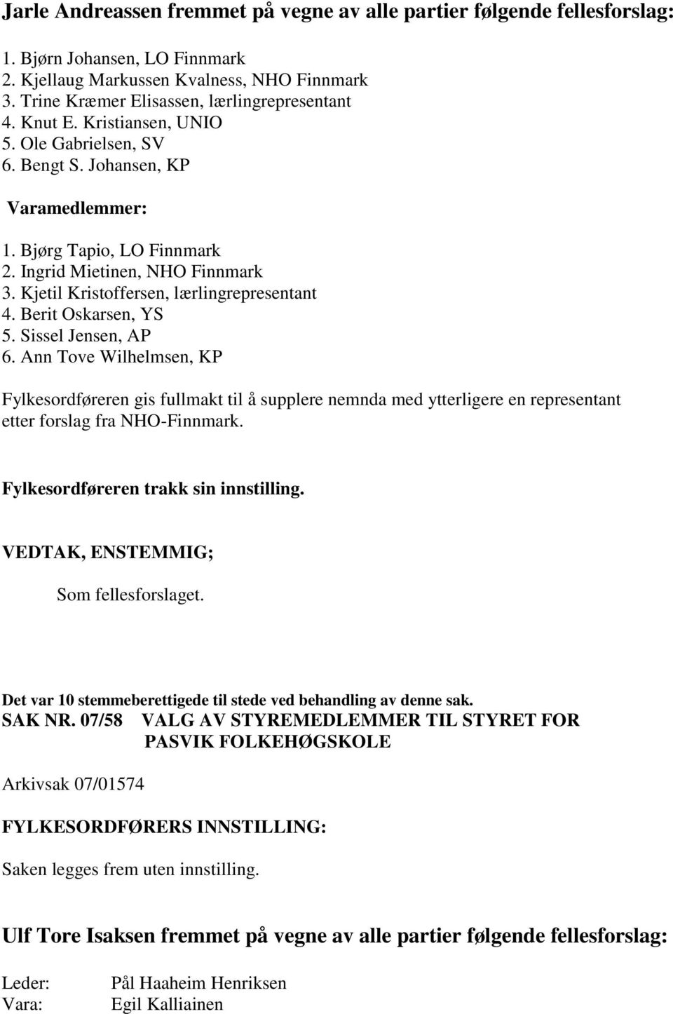 Berit Oskarsen, YS 5. Sissel Jensen, AP 6. Ann Tove Wilhelmsen, KP Fylkesordføreren gis fullmakt til å supplere nemnda med ytterligere en representant etter forslag fra NHO-Finnmark.