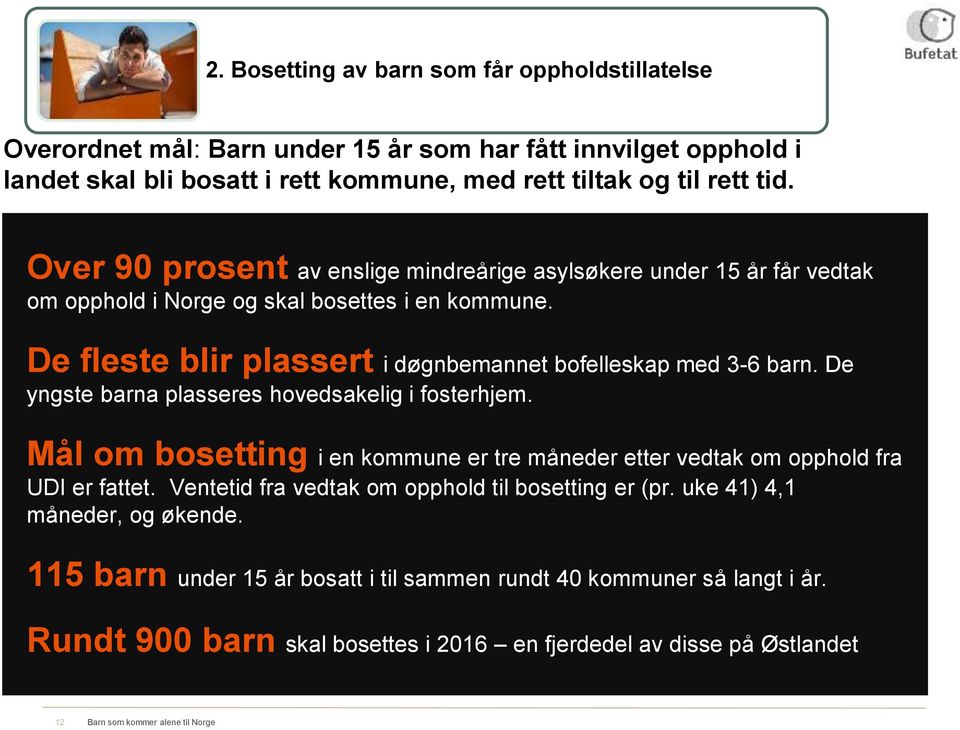 De yngste barna plasseres hovedsakelig i fosterhjem. Mål om bosetting i en kommune er tre måneder etter vedtak om opphold fra UDI er fattet. Ventetid fra vedtak om opphold til bosetting er (pr.