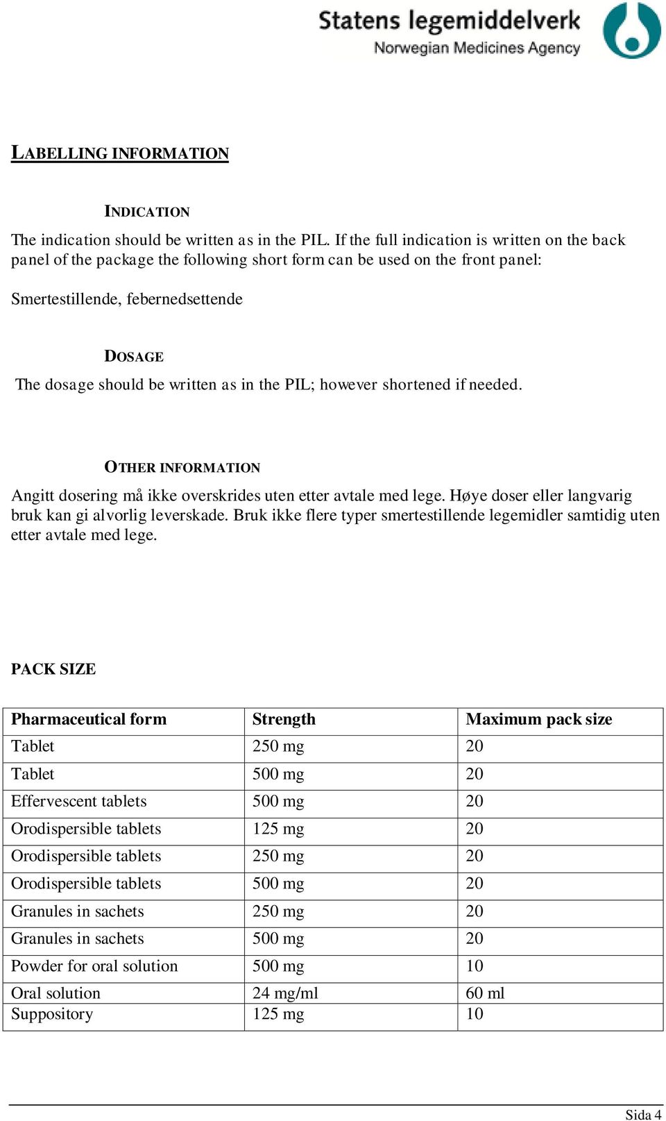 the PIL; however shortened if needed. OTHER INFORMATION Angitt dosering må ikke overskrides uten etter avtale med lege. Høye doser eller langvarig bruk kan gi alvorlig leverskade.