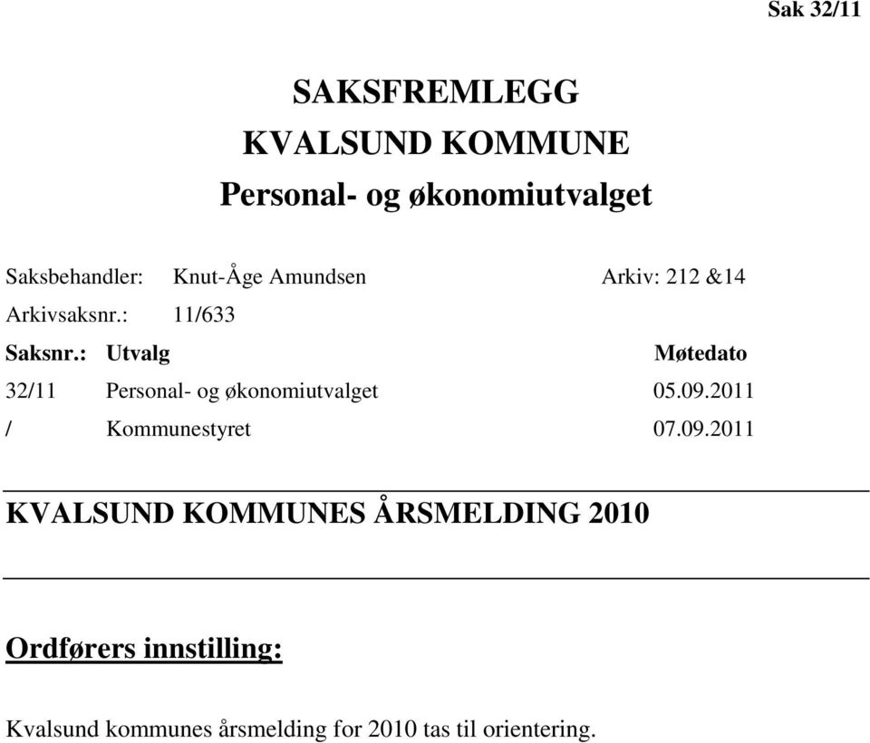 : Utvalg Møtedato 32/11 Personal- og økonomiutvalget 05.09.