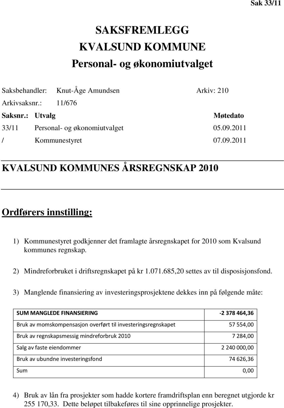 2) Mindreforbruket i driftsregnskapet på kr 1.071.685,20 settes av til disposisjonsfond.