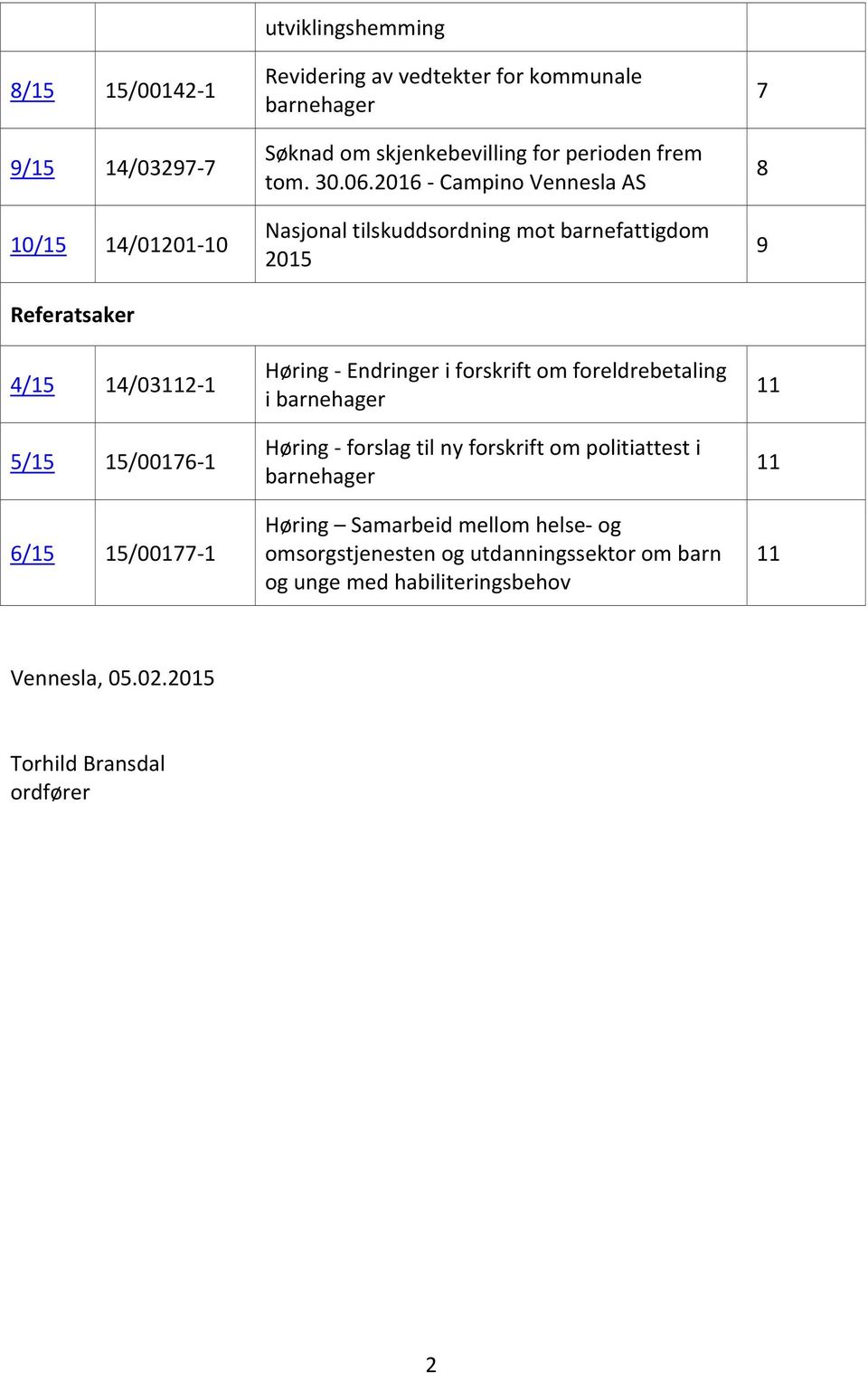 2016 Campino Vennesla AS Nasjonal tilskuddsordning mot barnefattigdom 2015 Høring Endringer i forskrift om foreldrebetaling i barnehager Høring