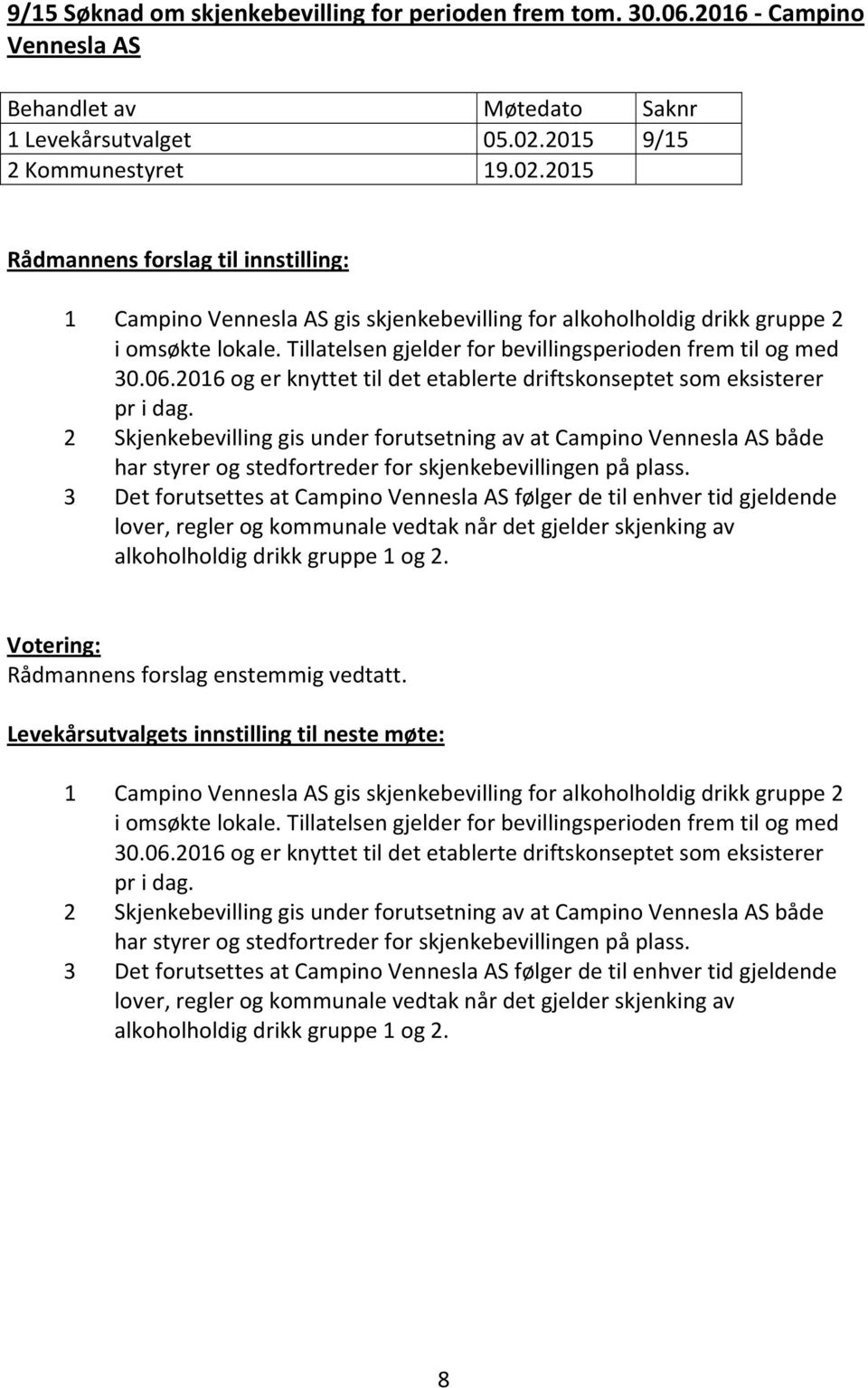 Tillatelsen gjelder for bevillingsperioden frem til og med 30.06.2016 og er knyttet til det etablerte driftskonseptet som eksisterer pr i dag.