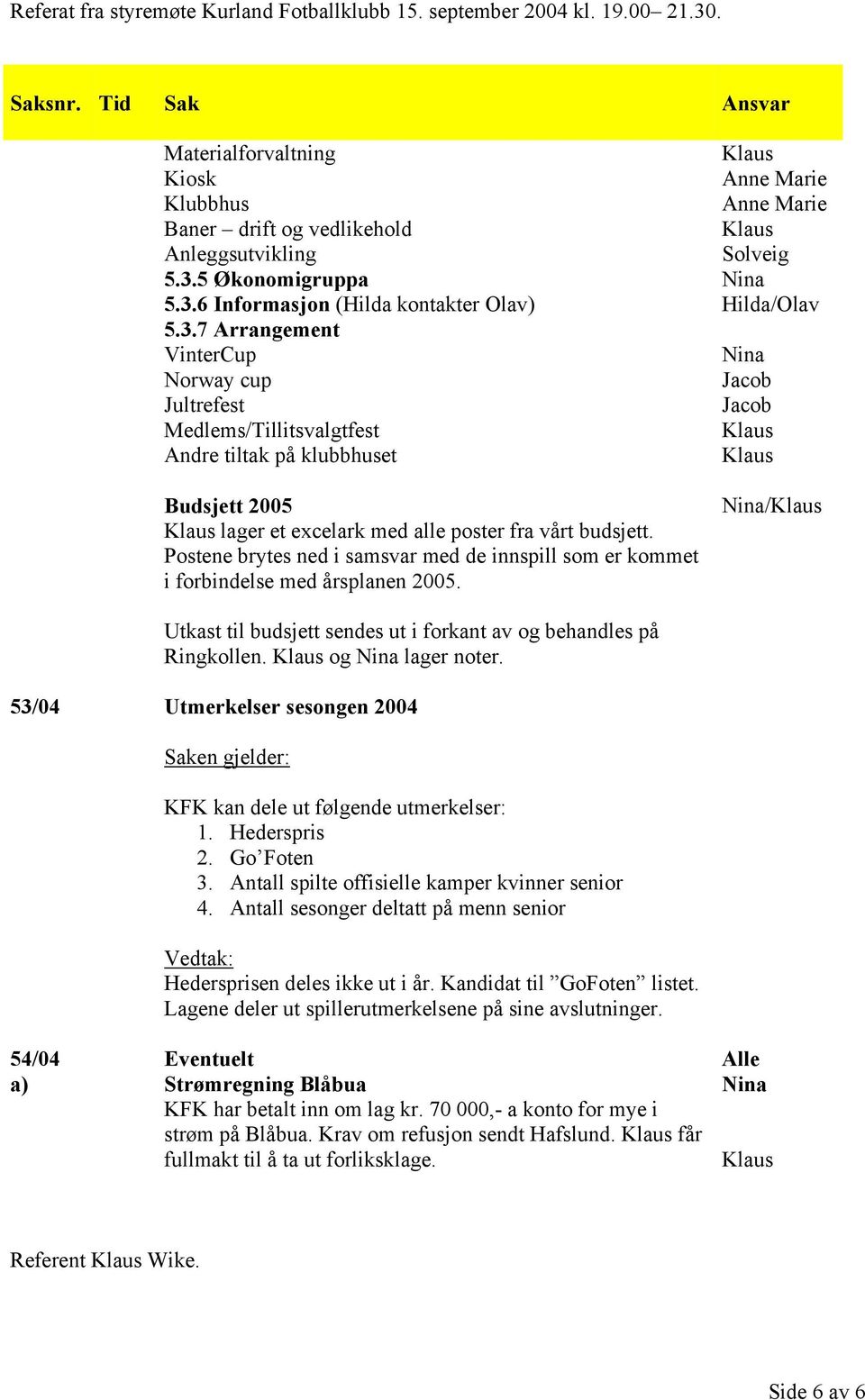 Postene brytes ned i samsvar med de innspill som er kommet i forbindelse med årsplanen 2005. Solveig Hilda/Olav / Utkast til budsjett sendes ut i forkant av og behandles på Ringkollen. og lager noter.