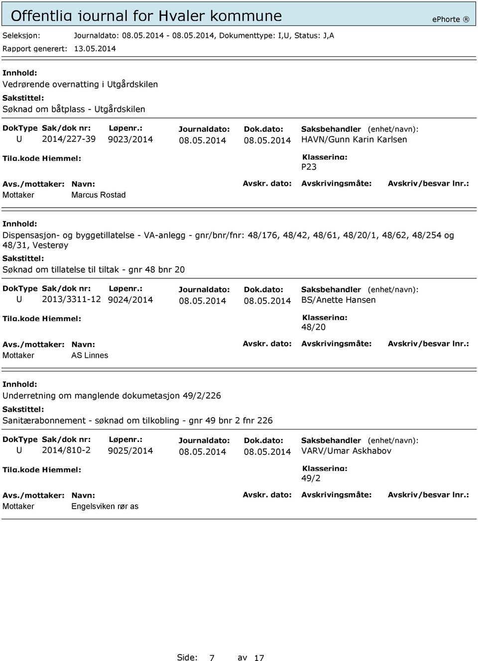 Vesterøy Søknad om tillatelse til tiltak - gnr 48 bnr 20 2013/3311-12 9024/2014 48/20 Mottaker AS Linnes nderretning om manglende dokumetasjon