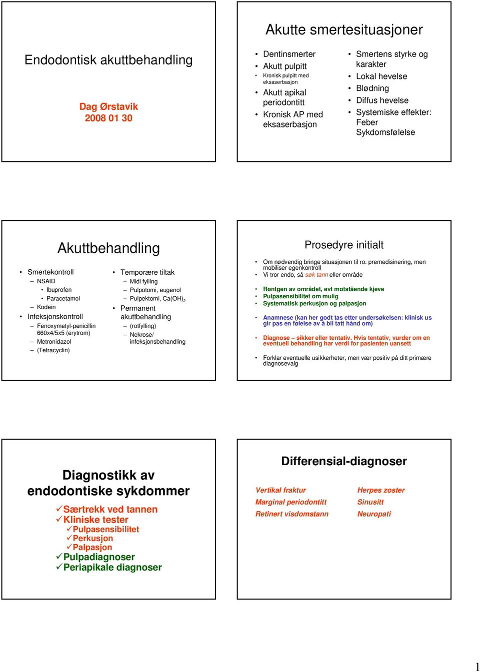 Fenoxymetyl-penicillin 660x4/5x5 (erytrom) Metronidazol (Tetracyclin) Temporære tiltak Midl fylling Pulpotomi, eugenol Pulpektomi, Ca(OH) 2 Permanent akuttbehandling (rotfylling) Nekrose/