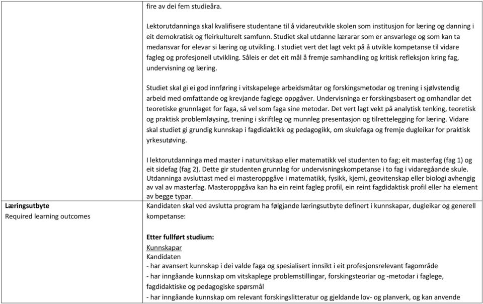 I studiet vert det lagt vekt på å utvikle kompetanse til vidare fagleg og profesjonell utvikling. Såleis er det eit mål å fremje samhandling og kritisk refleksjon kring fag, undervisning og læring.