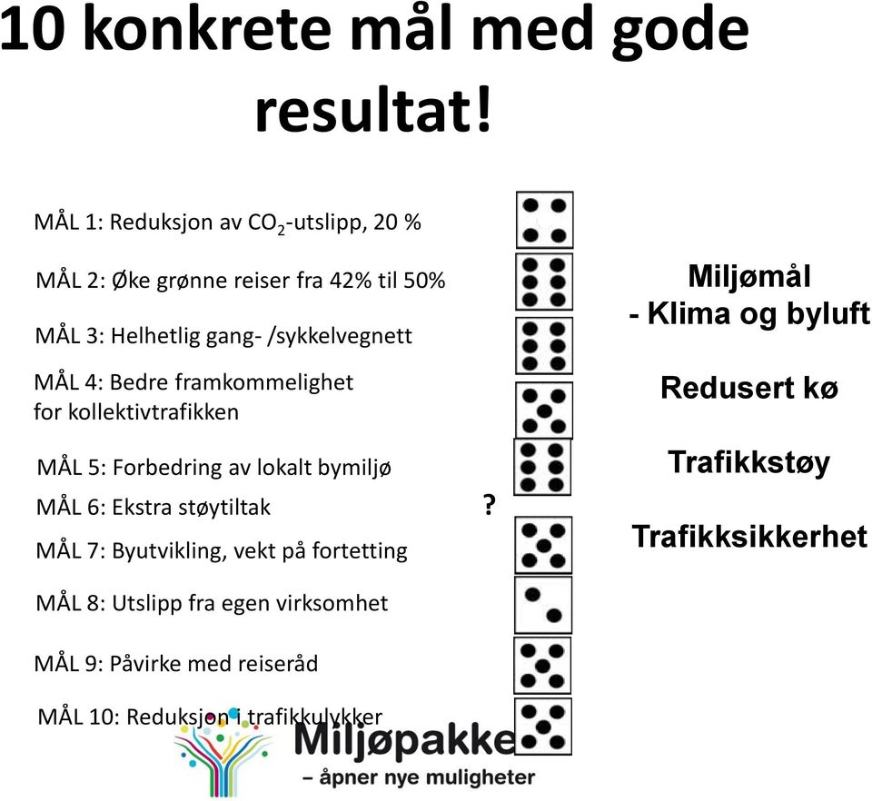 /sykkelvegnett MÅL 4: Bedre framkommelighet for kollektivtrafikken MÅL 5: Forbedring av lokalt bymiljø MÅL 6: Ekstra