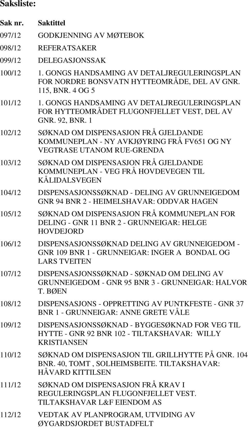 1 102/12 SØKNAD OM DISPENSASJON FRÅ GJELDANDE KOMMUNEPLAN - NY AVKJØYRING FRÅ FV651 OG NY VEGTRASE UTANOM RUE-GRENDA 103/12 SØKNAD OM DISPENSASJON FRÅ GJELDANDE KOMMUNEPLAN - VEG FRÅ HOVDEVEGEN TIL