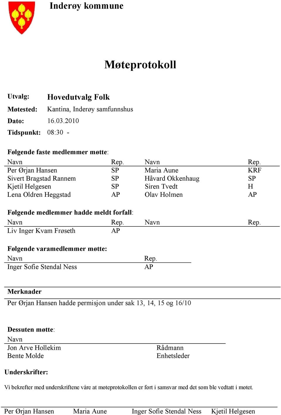 Per Ørjan Hansen SP Maria Aune KRF Sivert Bragstad Rannem SP Håvard Okkenhaug SP Kjetil Helgesen SP Siren Tvedt H Lena Oldren Heggstad AP Olav Holmen AP Følgende medlemmer hadde meldt forfall:   Liv