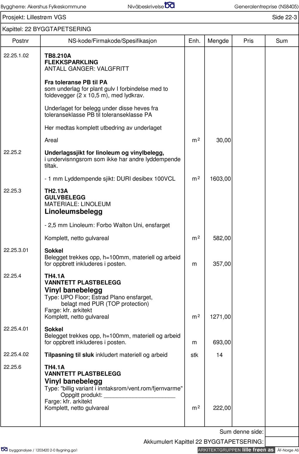 Underlaget for belegg under disse heves fra toleranseklasse PB til toleranseklasse PA Her medtas komplett utbedring av underlaget Areal m 2 30,00 22.25.