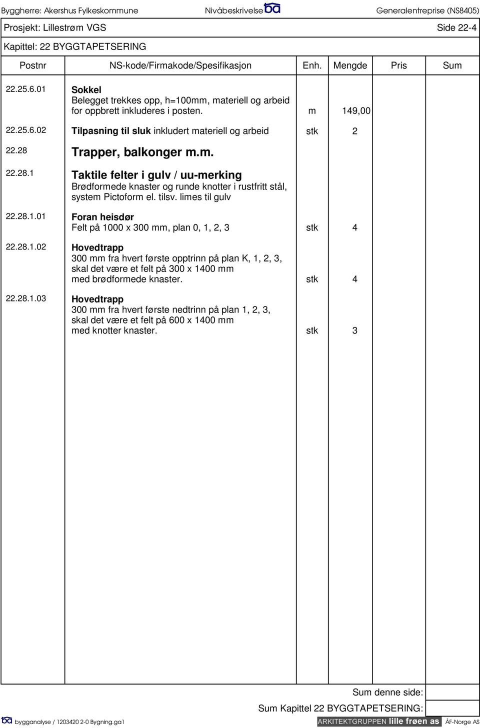 28.1.02 Hovedtrapp 300 mm fra hvert første opptrinn på plan K, 1, 2, 3, skal det være et felt på 300 x 1400 mm med brødformede knaster. stk 4 22.28.1.03 Hovedtrapp 300 mm fra hvert første nedtrinn på plan 1, 2, 3, skal det være et felt på 600 x 1400 mm med knotter knaster.